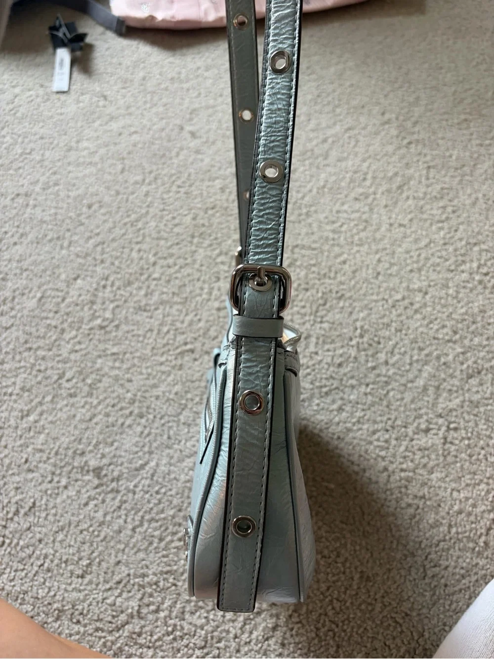 GUESS Metallic Light Silver Shoulder Bag with Stud Accents